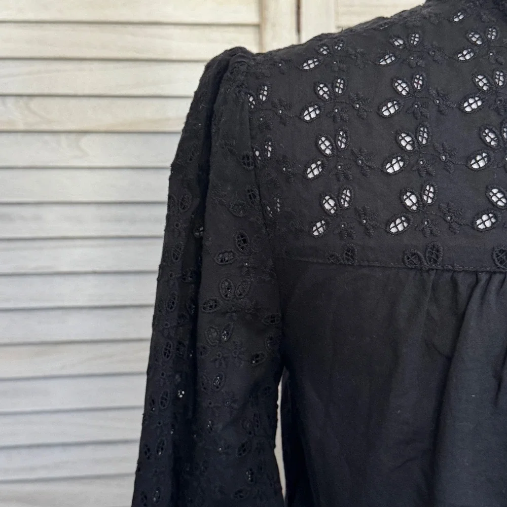 Madewell Top Black Eyelet Ruffle‎ Neck Long Sleeve Peasant Boho Full Coverage XS